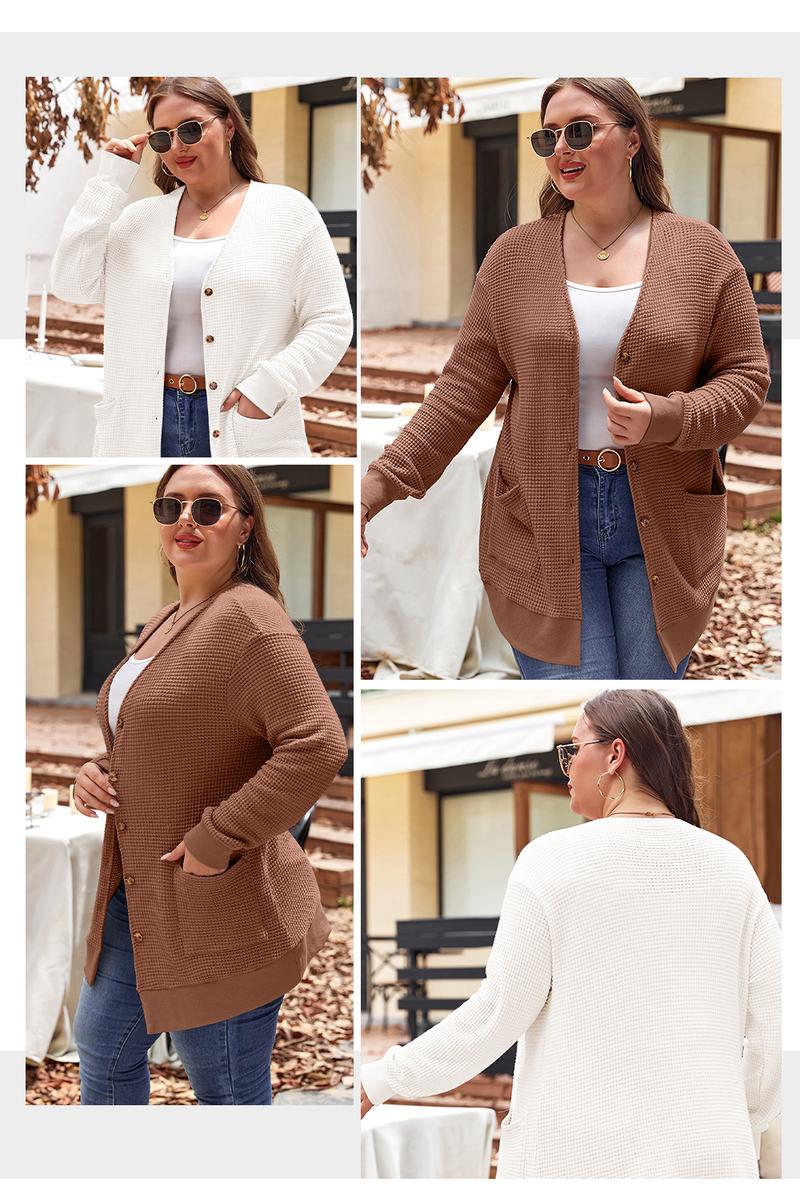 Aleumdr Women's Plus Size Cardigans Casual Long Sleeve Waffle Knit Front Button Tops 1X-5X Soft Breathable Stretchy Skin-Friendly Comfortable Everyday Wear