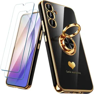 for  Galaxy A54 5G Case with 2 Pack Screen Protector, 360? Rotatable Ring Holder [Luxury Hearts Pattern]   Edge Slim Soft Phone Cover Case for Galaxy A54 - Black