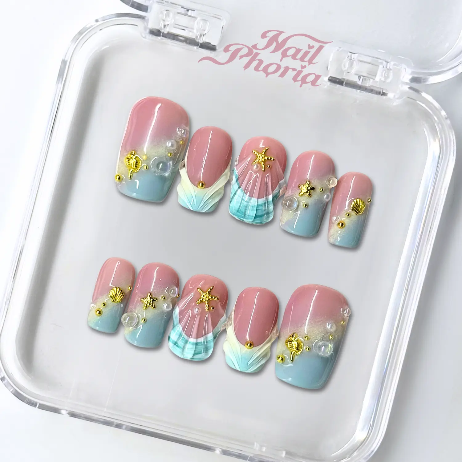 NailPhoria CRYSTAL CURRENT -SUMMER Handmade Press-On Nails | Reusable, Salon-Quality, Long-Lasting, Glossy Design