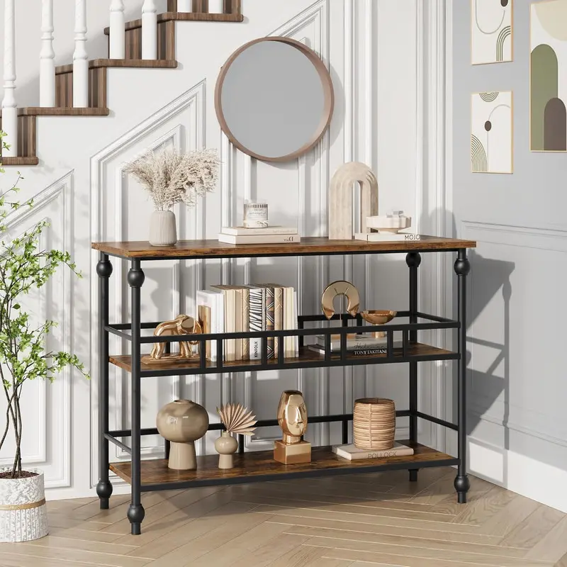 【Christmas Gift】43" Console Table, 3-Tier Entryway Narrow Sofa Table with Shelves, Side Tables for Living Room, Hallway, Bedroom, Rustic, Brown