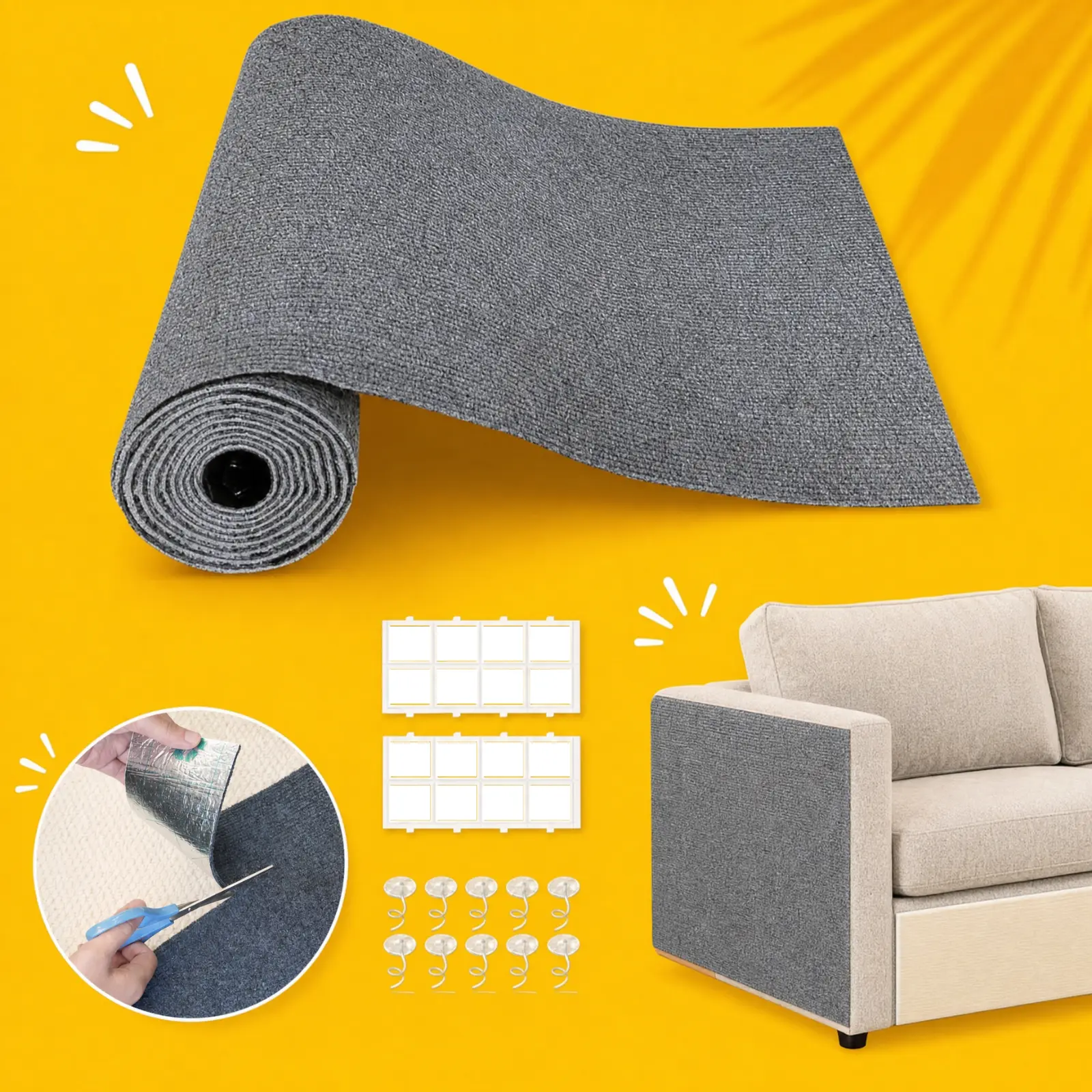 TerraPaw Cat Scratch Couch Furniture Protector, Contains 8 strong adhesives and 10 nails,Adhesive Cat Scratch Pad Deterrent for Furniture, DIY Climbing Cat Scratcher Couch Protector from Cat Claws Scratching for Indoor