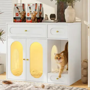 Cat Litter Box Enclosure with LED Light, Hidden Litter Box Furniture with Storage Drawers,Fit Most of Litter Box, Indoor Pet House with Acrylic Doors, End Table for Living Room, White