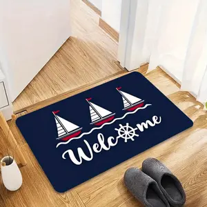 1pc Nautical Welcome Doormat -  with White Sailboats Anchor Design, Machine Washable Durable Indoor/Outdoor Mat for Home Entrance, Boat Dock, Coastal Decor, Beach Welcome Mat for Front Door, Sailboat Design, Soft Texture, Marine