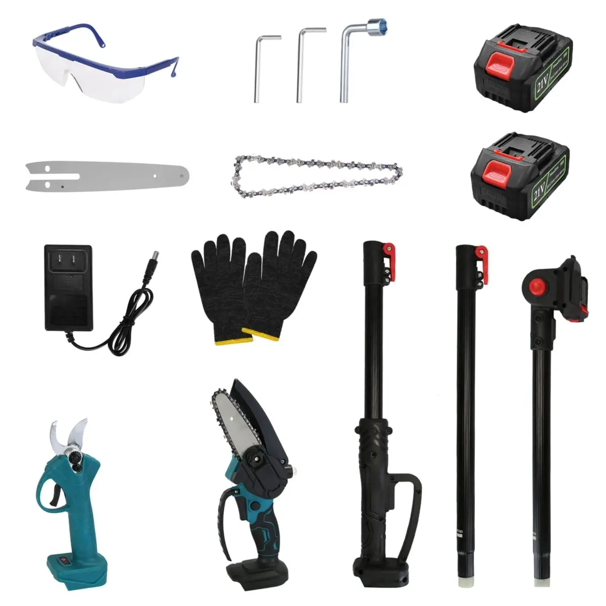 Fresh Fab Finds FFF-10Cell-GPCT5130 4-in-1 Cordless Multi-Tool Tree Pruning Kit - 10-Cell Pruning Shear, Electric Chainsaw with 5.5 ft. Max Extension Poles (4 & 6 Pole), Black 2-Piece Garden Tool Set for Pruning Trees