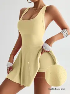 WAKYME Women's U-Neck Tummy Control Seamless Skort Sports Knitted Dress with Removable Padding & Backless Design,  Womenswear Compression Fit Ribbed Fabric Tummy Control Casual & Elegance Tennis Skirt