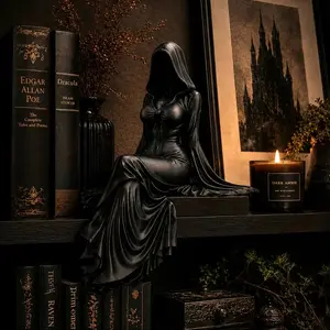 Gothic Lady Reaper Figurine, Dark Academia Bookshelf Decor, Mysterious Accent, Gothic Hooded Woman Statue, Witchy Spooky Accent for Alt Aesthetic