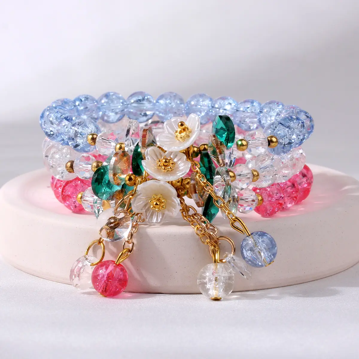 3Pcs/Set Women Camellia Daisy Beaded Bracelet Colorful Crackle Bead Sunflower Beaded Jewelry
