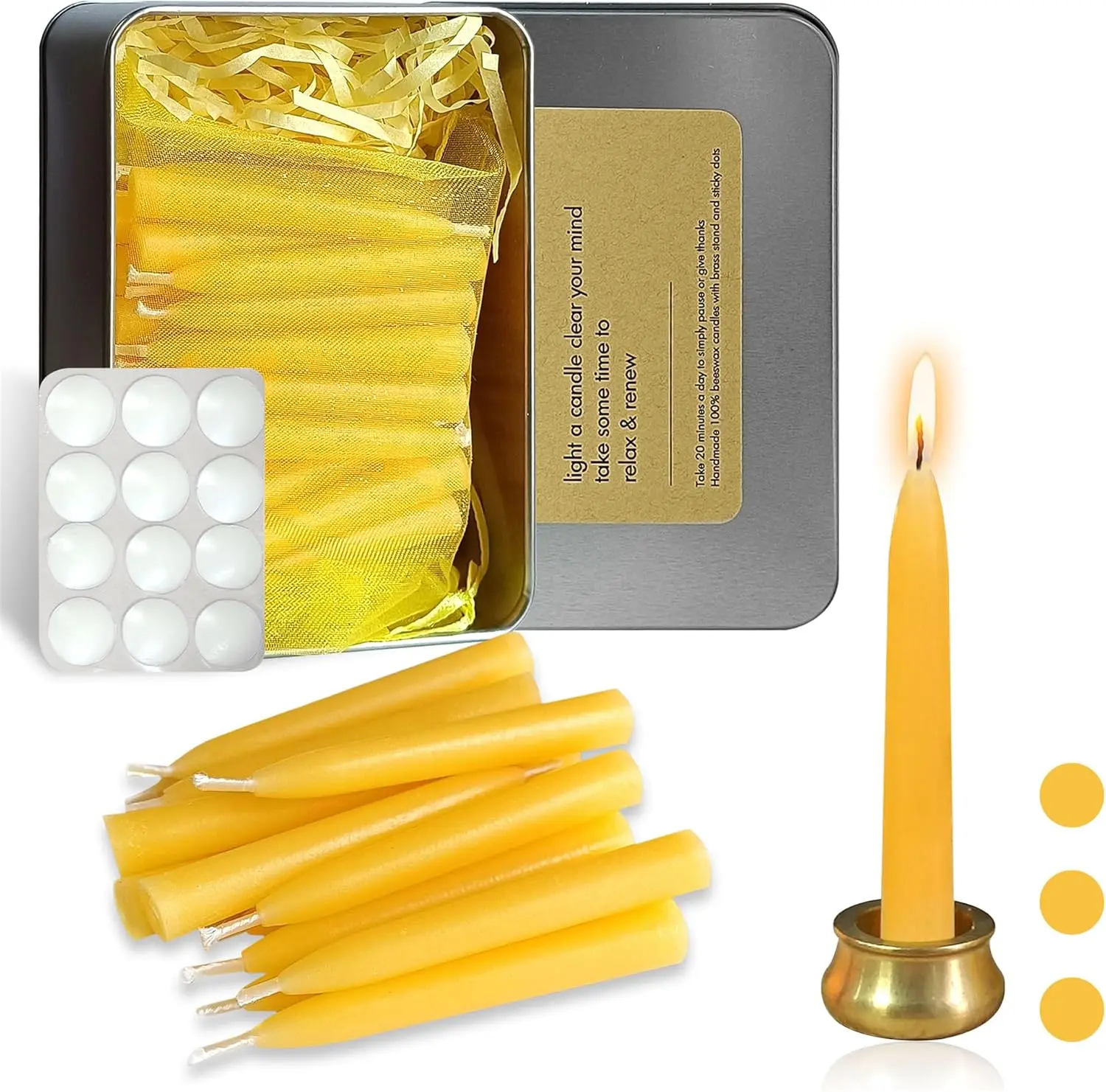 Mini Taper Candle Meditation Candles,20 Minute Prayer Candlestick Dripless Beeswax Candles with Brass Candle Holder for Yoga &  Rituals (Set of 30)