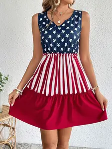 Women’s American Flag Sleeveless Dress, Ruffle Hem Mini Summer Dress for Women, Patriotic Fourth of July Outfit, Casual Vacation Dress, ruffle hem dress women, independence day outfit women