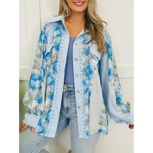 POL Patchwork Blossoms Top In Blue