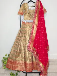 Royal Antique Gold Semi Kanchi Tissue Half Saree Set with Ruby Red Munga Benarasi Paithani Border Cutwork Dupatta