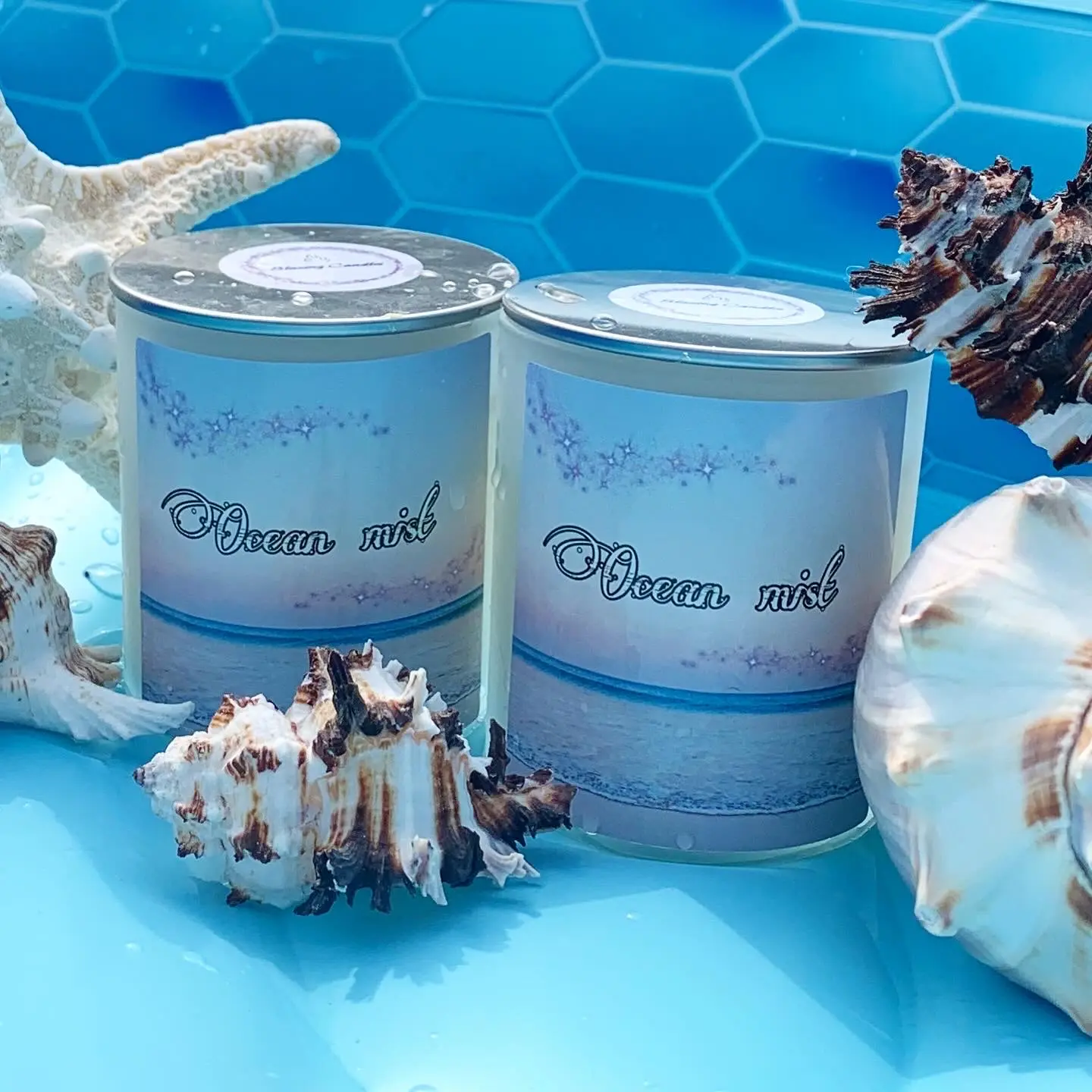 Ocean Mist Candle - Blue and White Design with Seashell Motif Decorative Element