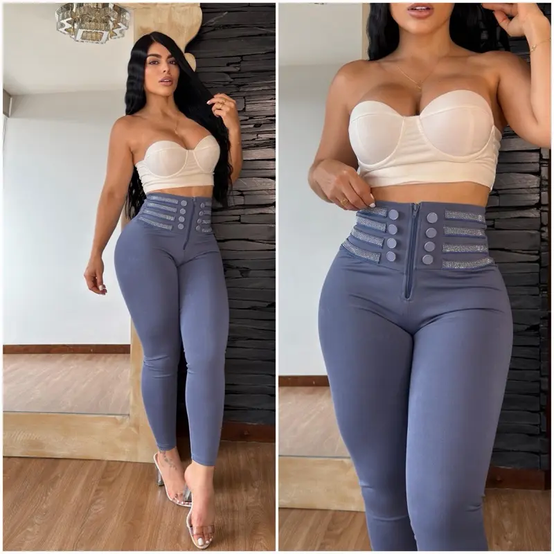 Leggings Colombiano - Blue High-Waisted with Button Detailing