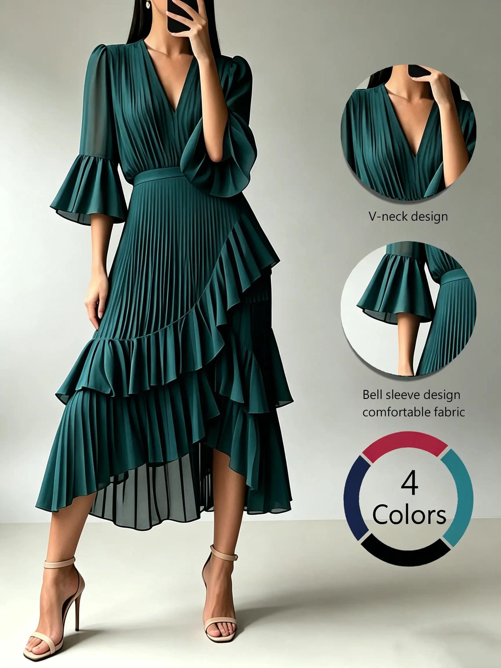 women dresses for summer Women's Casual Summer Mid-Sleeved Flared-Vneck Solid Color Pleated Ruffled Long Dress, Womenswear Casual Dress Bell Sleeve Dress Formal