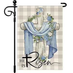 1PC Spring and summer style He Is Risen Easter Garden Flag 12x18 Inch Double Sided for Outside , Christian Cross Wreath Sign Garden Flag for Holiday Yard Outdoor Decoration