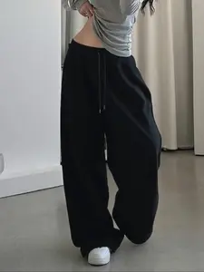 Black Oversized Drawstring Wide Leg Pants, Casual Fashion Pants, Womenswear, Ultra-Loose Baggy Trousers with Comfort & Versatile Style, Minimalist, Perfect for Streetwear Fans & Lounge Wear Enthusiasts, Adjustable Waist Design, Elastic Waist Loose