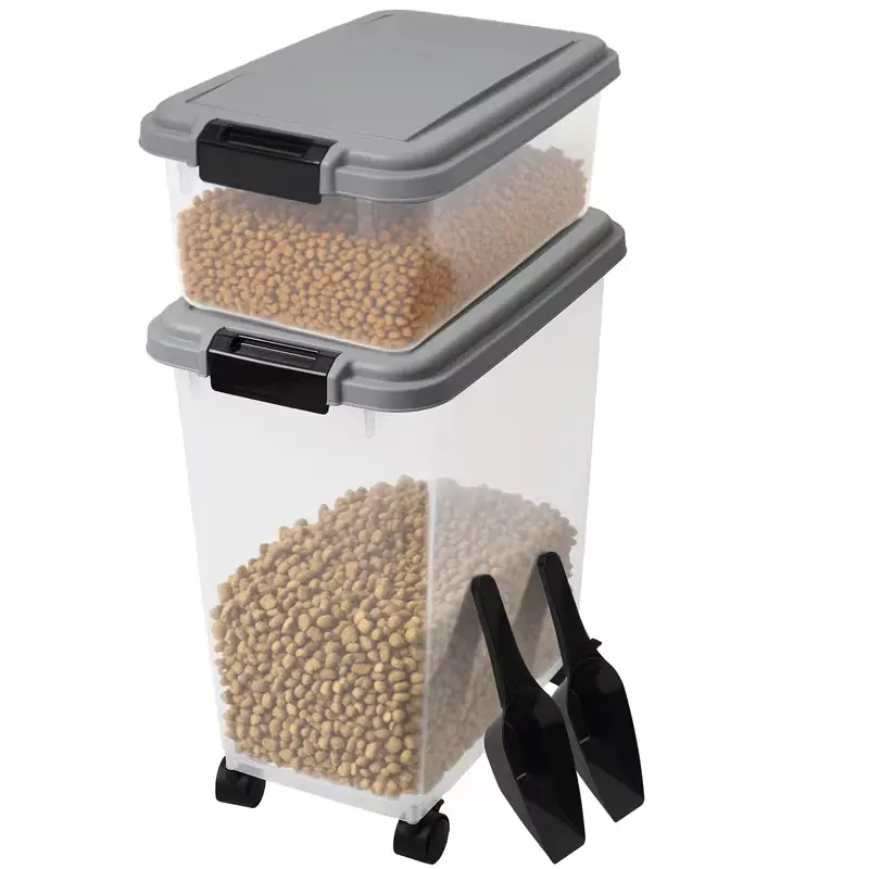 Pet Food Storage Containers (30L+10L) with Wheels, Transparent Plastic Snap-On Sealing Lids, Included Measuring Spoon, Fresh-Keeping for Dog/Cat Kibble