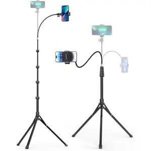 Aureday Phone Tripod, 92" Cell Phone Stand with 15" Gooseneck, Remote and Phone Holder, Overhead & Selfie Stick for Recording/Watching/Vlog, Compatible with Iphone Android Aureday