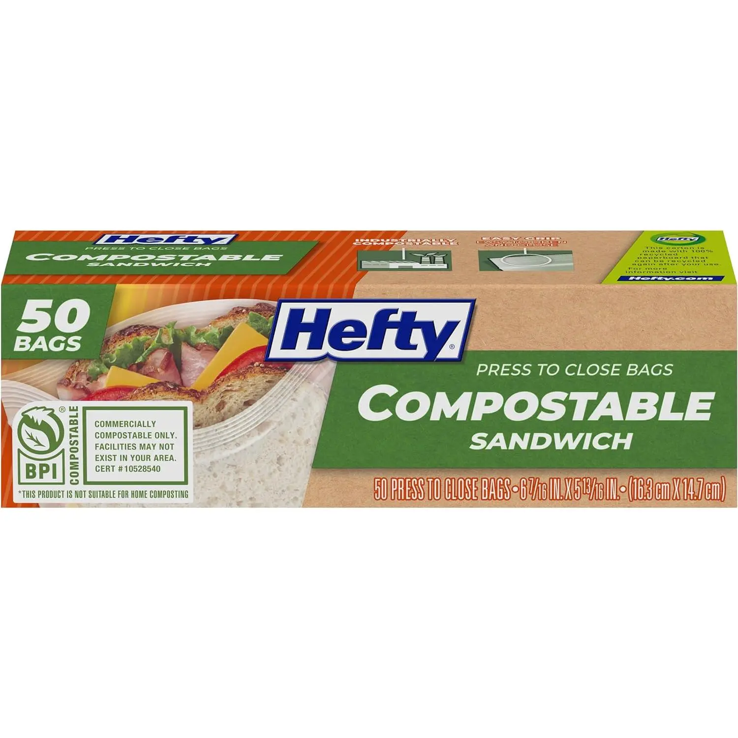 Hefty Press-To-Close Compostable Sandwich Bags, 50 Count - BPI-Certified, 25% Plant-Based, Commercially Compostable, Secure Seal, Easy Grip Food Storage Bags