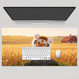 Premium Cute Baby Tiger With Big Green Eyes In Golden Wheat Field Illustration High Quality Mouse Pad Modern Office Gaming Comfort Experience Non Slip Durable For Daily Work And Play  40*80 Size.
