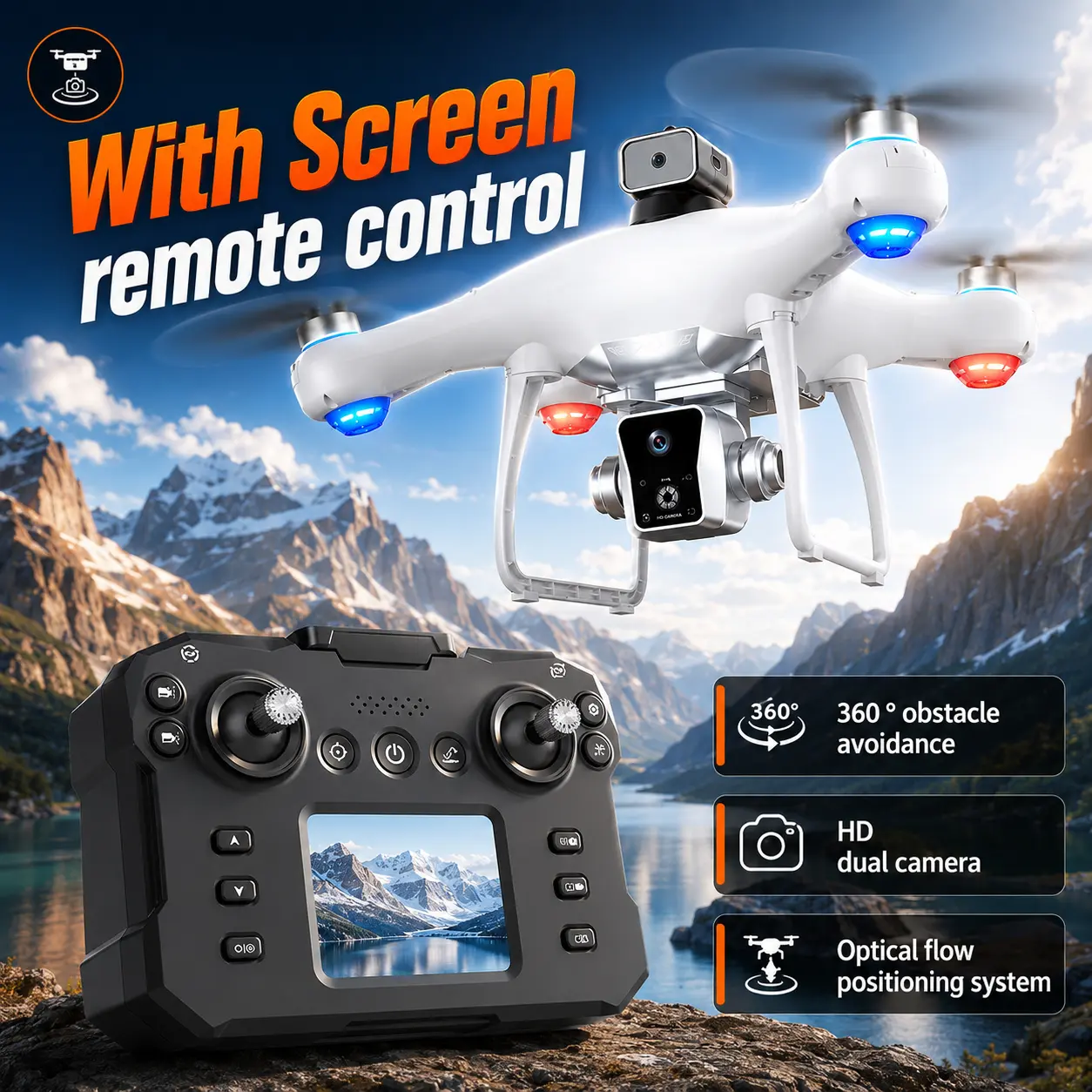 KY102 Drone with Screen Remote Control 360° Obstacle Avoidance HD Dual Camera , Brushless Motor, Optical Flow Localization, Active Obstacle Avoidance, 2 batteries, One Key Take Off/Landing. (2 batteries - Black) White