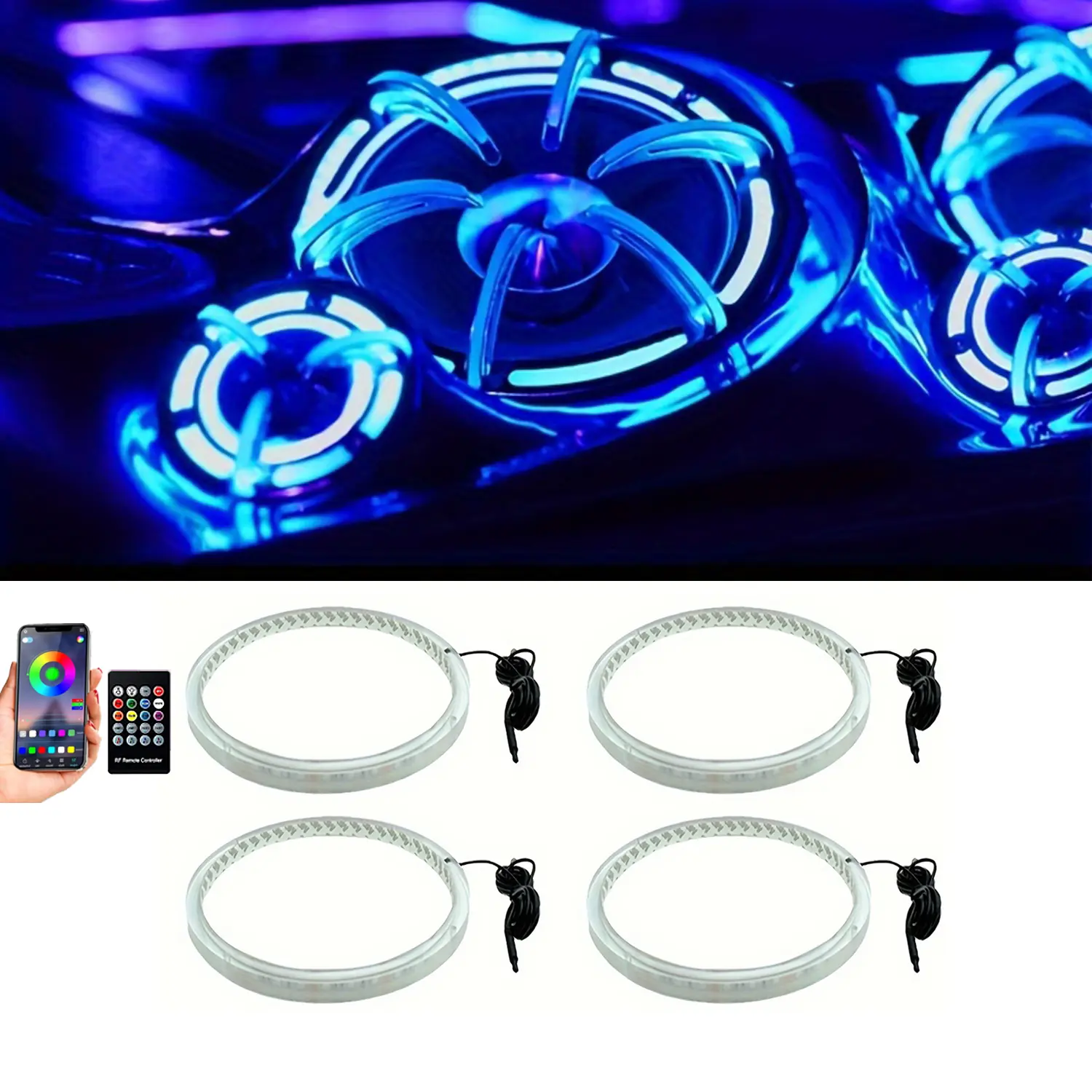 4-Pack 6.5/8in RGB LED Car Speaker Ring Lights, 12V Input, Bluetooth App & Remote Control, Adjustable Atmosphere Light, Marine Grade Decor for Speakers/Subwoofers, Ambient Car Interior Lighting