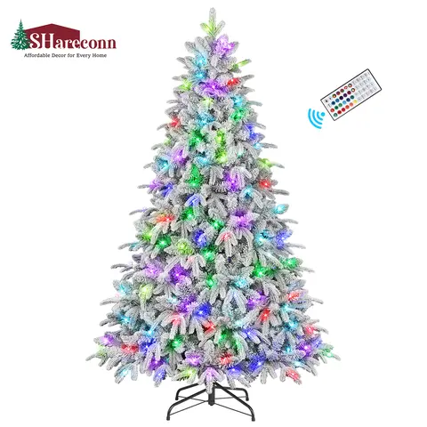 SHareconn 4.5/5.5/6.5/7.5/8/9FT Artificial Flocked RGB Lights Christmas Tree, Pre-Lit with Color Changing RGB LED Lights, Remote Control, Expandable Hinges, Art Deco Glam Contemporary Decor, Ideal Home Festive Supply