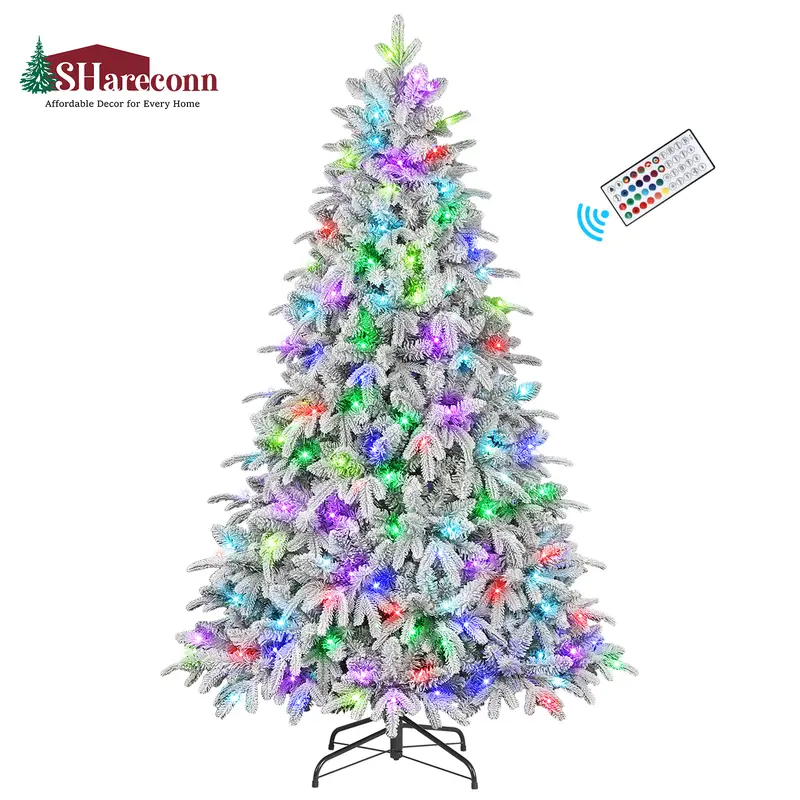 SHareconn 4.5/5.5/6.5/7.5/8/9FT Artificial Flocked RGB Lights Christmas Tree, Pre-Lit with Color Changing RGB LED Lights, Remote Control, Expandable Hinges, Art Deco Glam Contemporary Decor, Ideal Home Festive Supply