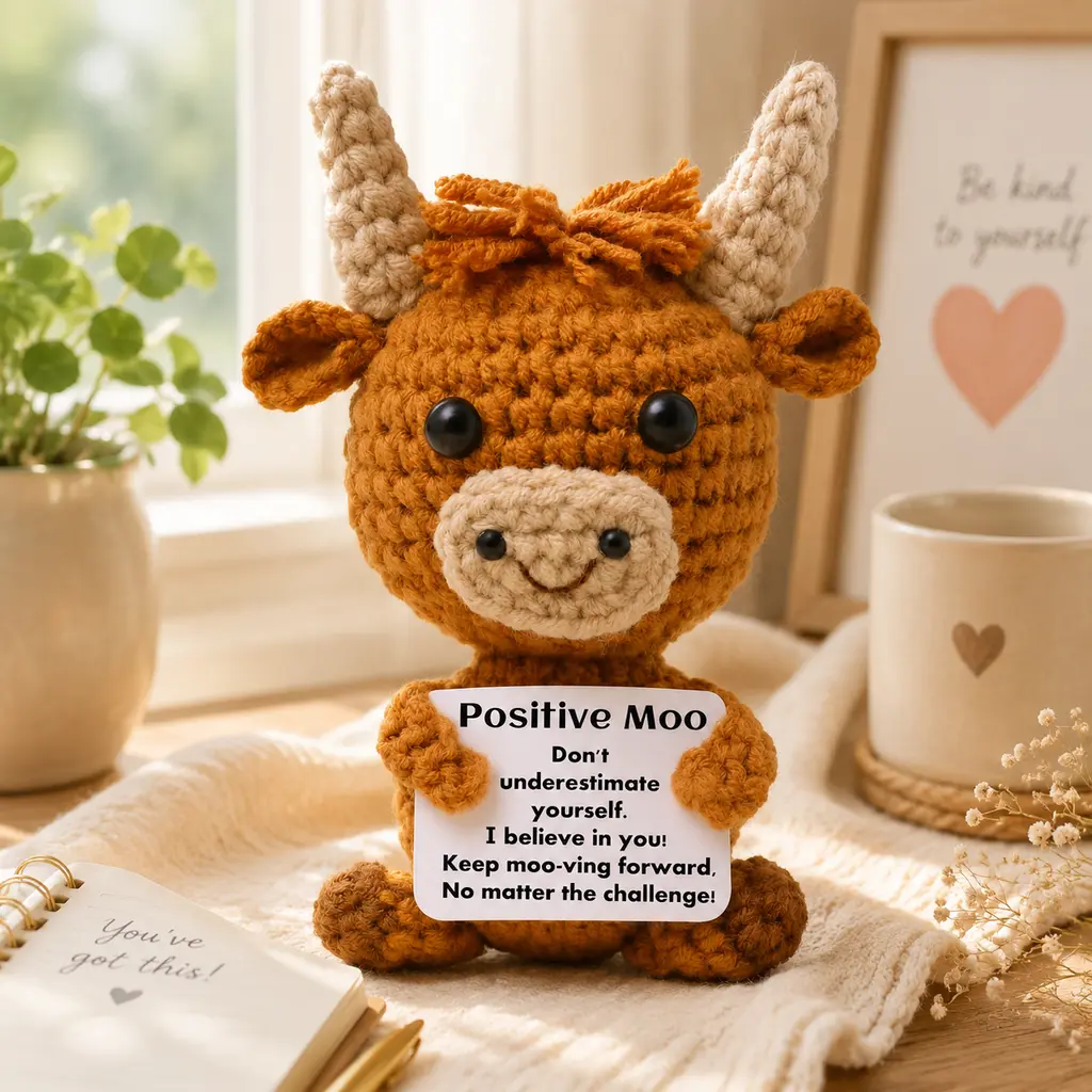 Positive Moo Crochet Cow Doll, Handmade Knitted Mini Highland Cow Toy with Positive Affirmation Card, Cute Emotional Support Gift, Inspirational Pocket Desk Decor for Friends