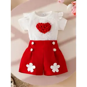 Girls' Heart Sticker Short Sleeve Pullover + Flower Button Shorts Set, Cute Casual for Kids, Trendy Clothing