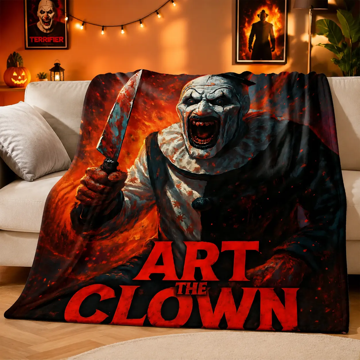 Terrifier Figure Print Blanket Halloween Horror Theme Throw Blanket Cozy Warm Home Decor Bedroom Sofa Decor Collector Gift TikTok Trending Blanket Aesthetic Room Decor Holiday Gift Multi Size Blanket