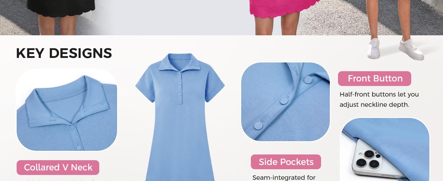 Fisoew Sports Womens Summer T Shirt Mini Dress Short Sleeve Collared V Neck Button Loose Active Dresses with Pockets