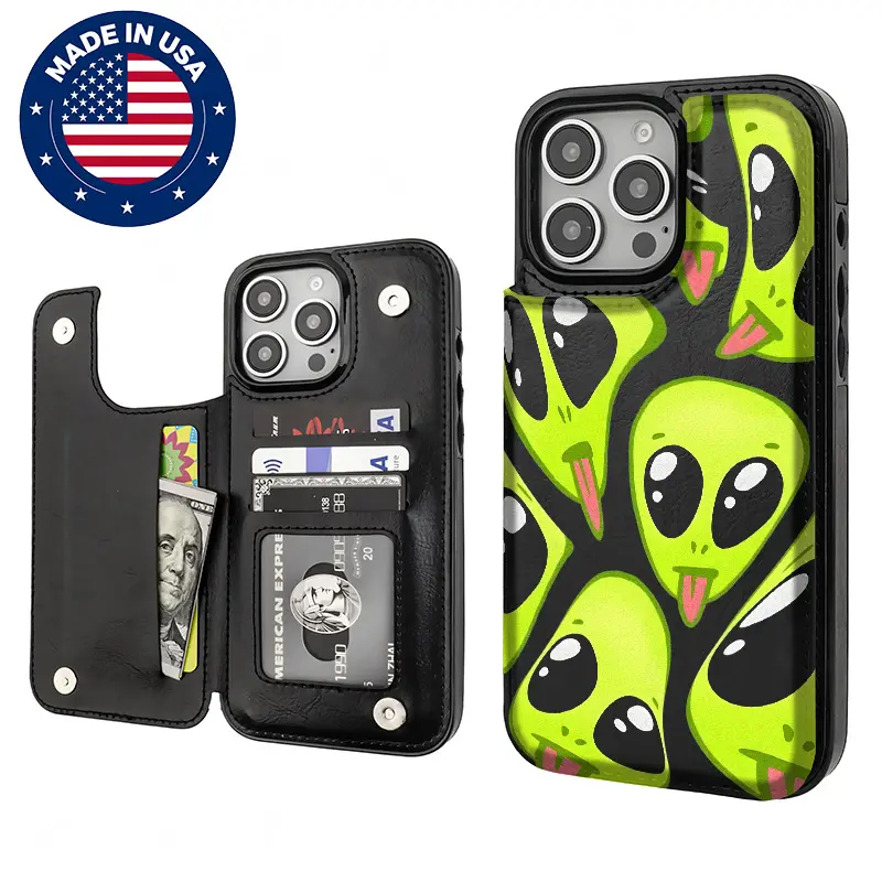 Customized Cute Aliens Aesthetic TPU+PU Leather Card Holder Protective Casing for iPhone 12/13/14/15/16 Plus Pro Max, Vintage Smartphone Accessories with Anti-Drop, Shockproof, Anti-Scratch Durability for Devices