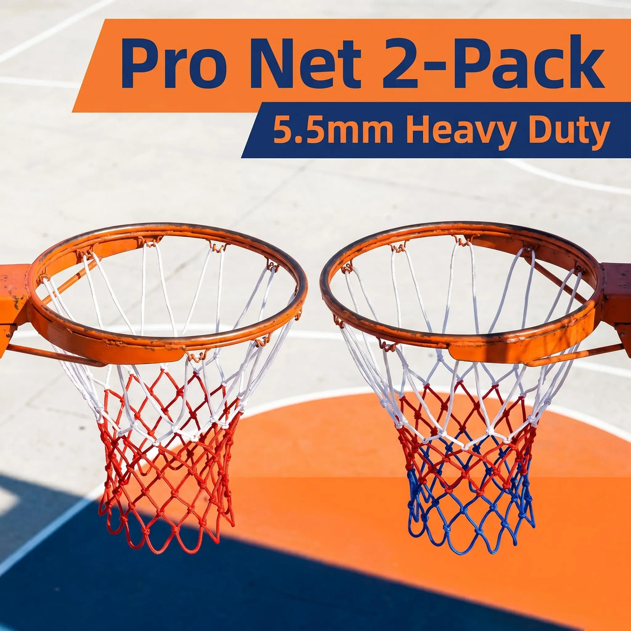 Heavy Duty Basketball Net 2-Pack, 5.5mm Professional Anti-Whip All-Weather Resistant Replacement Net for Clean Swish, Easy to Install for Youth, Fits Standard Indoor & Outdoor Rims/Courts, Driveways & Parks