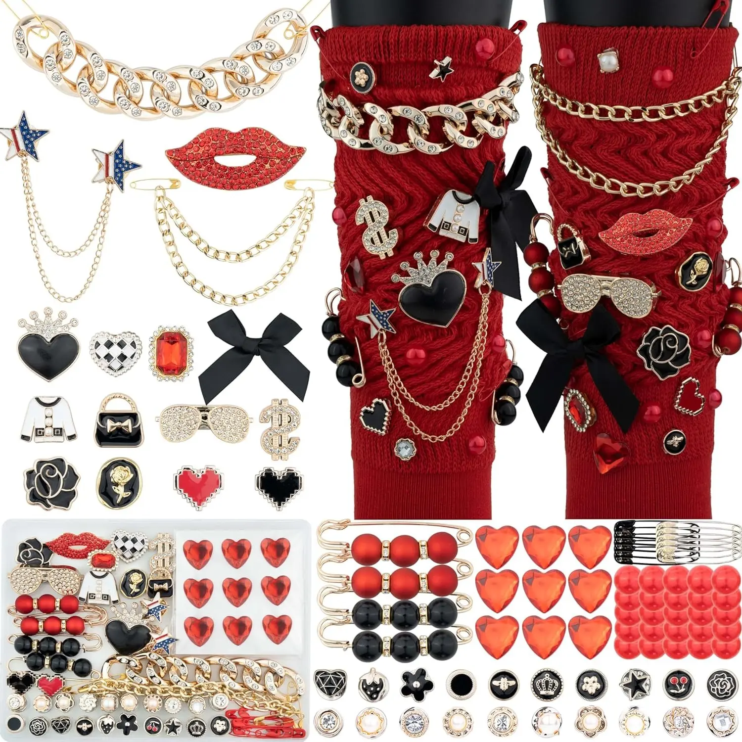 Junk Socks Charms Kit, 85 Pcs Sustainable DIY Project for Adults, Red & Black Set with Metal Brooches, Rhinestones & Pearls for Upcycling Fashion Sneakers, Diy Fashion, Safety Pins, Bow, Encourages Reusing And Repurposing, Beads, Metal Coated, Fashion App
