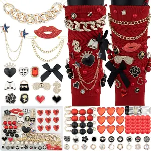 X-BY06 85 Pcs Junk Socks Charms Kit, Black and Red Charms for Socks, Brooches and Pins for Women, ShoeCharms with Bows, Sneakers DIY Kit with Pearls Rhinestones Chains