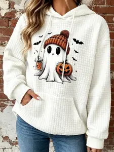 Women's Halloween Cartoon Ghost Print Drop Shoulder Hoodie, Waffle Textured Drawstring Pocket Sweatshirt, Casual Fall Winter Daily Wear