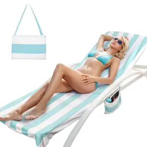 Catalonia Beach Lounge Chair Towel Cover - 78 x 31 Inch Non-Slip Chaise Cover with 3 Pockets, Quick Dry Pool Chair Towel for Sunbathing, Patio, Garden, Swimming Pool & Courtyard, Navy