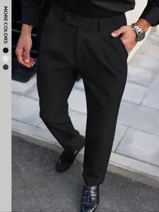 Men's Casual Solid Color Dress Pants, Button Back Waist Elastic Band, Light Business Long Pants, Fashion Regular Fit, Spring Summer Office Wear