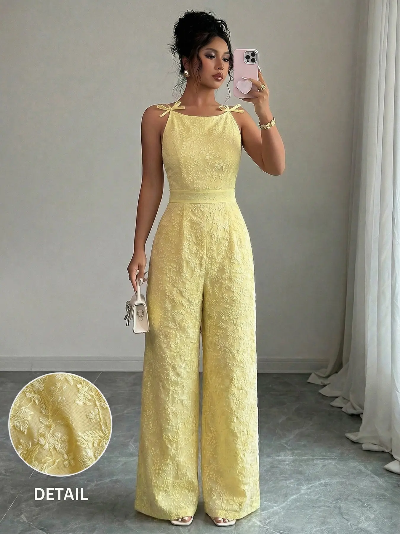 Women's Jacquard Fabric Butterfly Knot Shoulder Decor Daisy Floral Wide Leg Jumpsuit Elegant Outfits For Party Daily