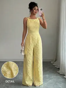 Women's Jacquard Fabric Butterfly Knot Shoulder Decor Daisy Floral Wide Leg Jumpsuit Elegant Outfits For Party Daily