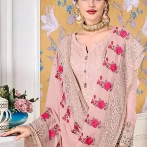 Indian Faux Georgette Salwar Kameez in Pink and Majenta with Stone work 3pc