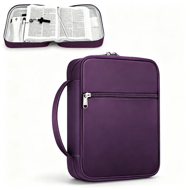 FINPAC Women's Fabric Bible Carrying Case (11x8x2.3"), Office/School Organizer with Zippered Pocket, Book Accessories for Bible Study Adults, Ideal for Worship Trips, Makeup Bag Gift Option