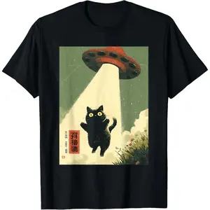 Casual Cotton shortsleeve tees  Vintage Japanese Cat Alien Cat Dad UFO Abduction Graphic Tee T-Shirt graphic tee