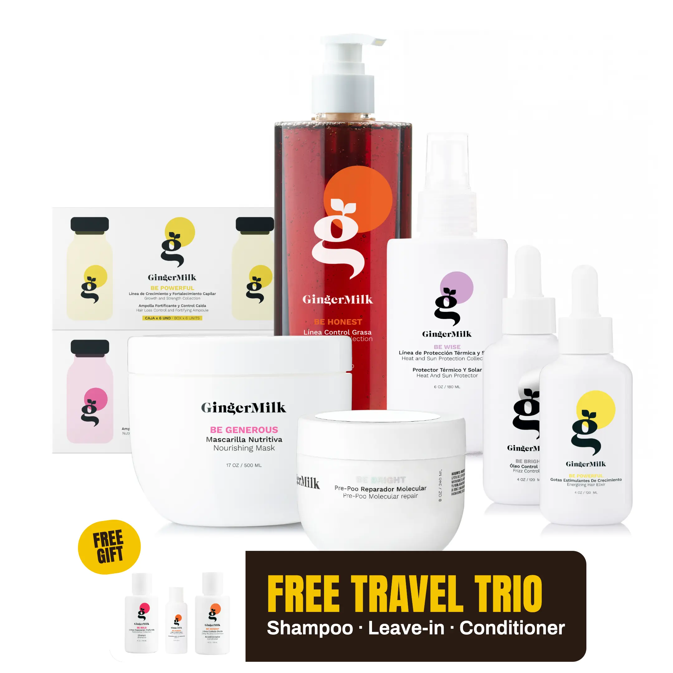 [LIVE] Strength & Nutrition Kit | Be Honest Shampoo 16oz + Be Generous Mask 17oz + Be Bright Pre-Poo 8oz + Be Wise Heat Protector 6oz + Be Bright Frizz Oil 4oz + Be Powerful Dropper 4oz + Be Powerful Ampoules x6 + Be Generous Ampoules x6 | Ginger Milk