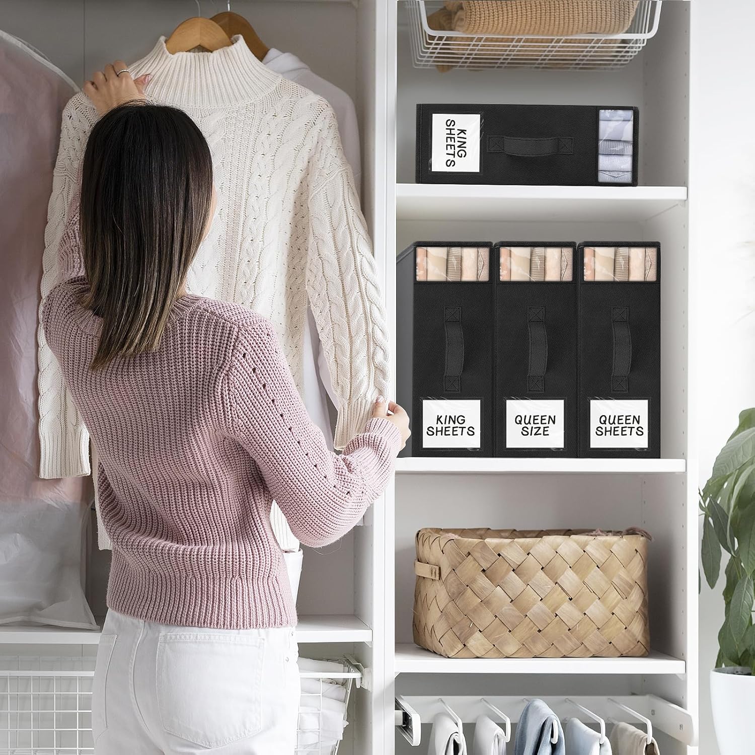 4 Pack Bed Sheet Closet Organizers and Storage,Sturdy Foldable Storage Containers with Window and Label,Storage and Organization for Bedding Sheets,Duvet Covers,Blankets