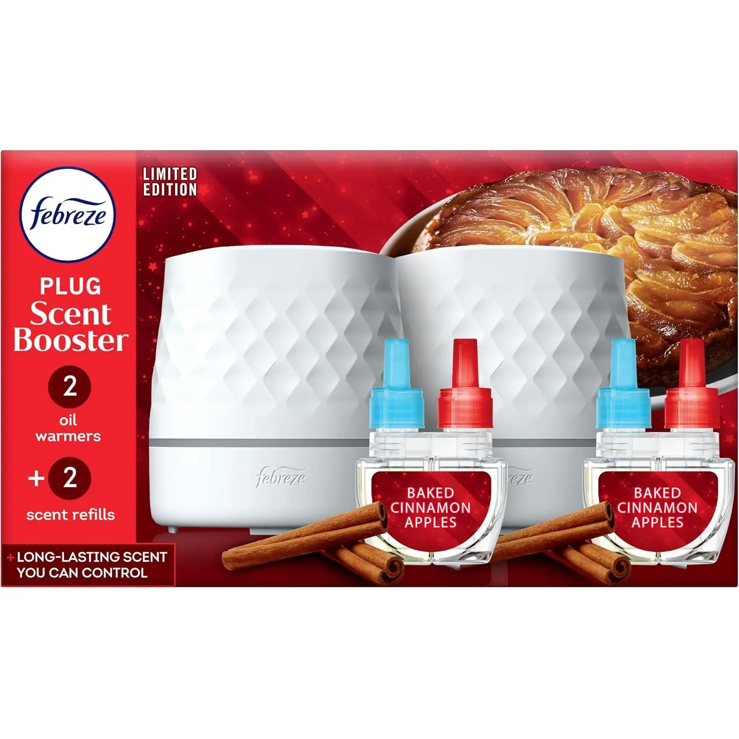 Febreze Plug Scent Booster Starter Kit, Oil Diffuser, Air Freshener Plug in, Continuous Scent, 2 Devices + 2 Baked Cinnamon Apple Refill