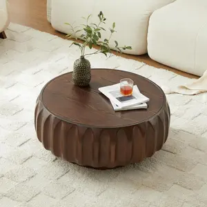 Round Coffee Table, Solid Wood and MDF, Carved Sculptural Design, Artisan Table, for Living Room, Walnut