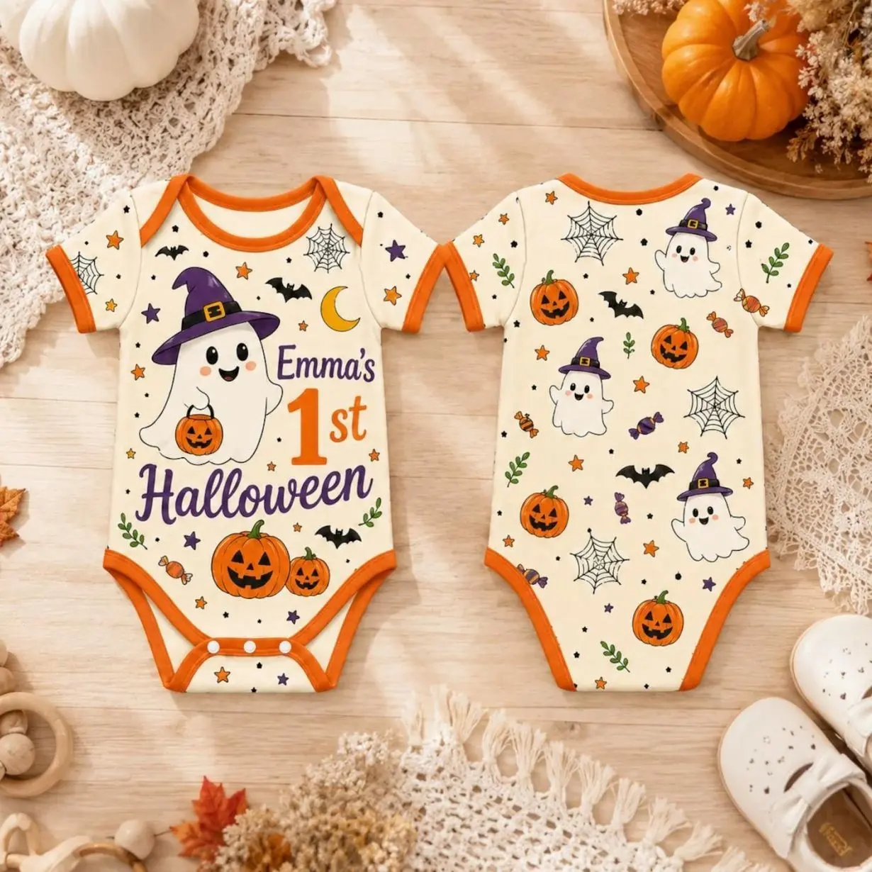 Personalized First Halloween Baby Bodysuit, Custom Name Ghost Pumpkin Romper, Cute Spooky Newborn Outfit, Fall Baby Gift QDW