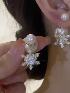 Women's Elegant Snowflake Faux Pearl Earrings, Sparkling Rhinestone Accents, Perfect for Parties & Daily Wear, Ideal Gift for Festivals
